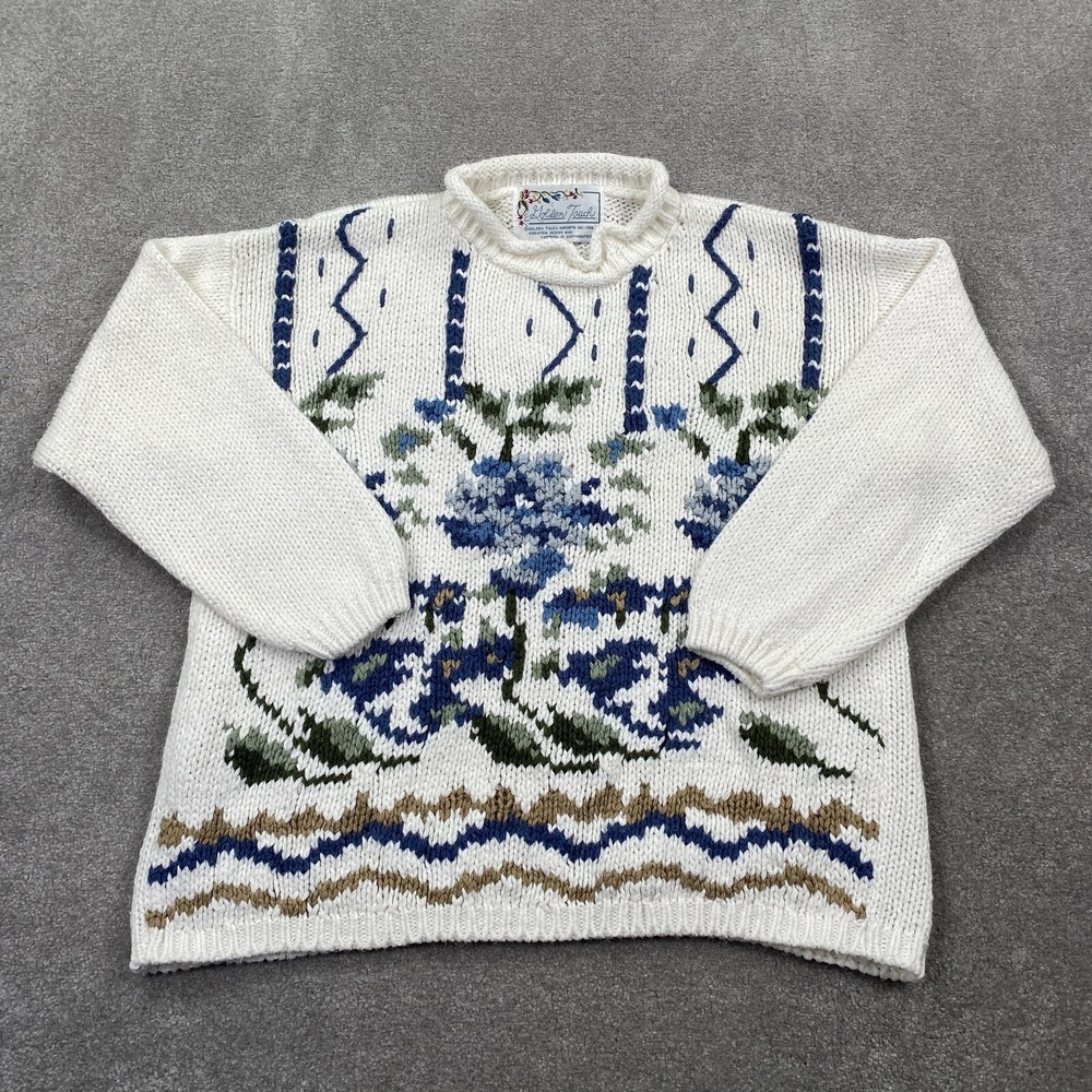 Golden Touch VTG 80's‎ Knit Floral Sweater Women's Size 22W White Blue